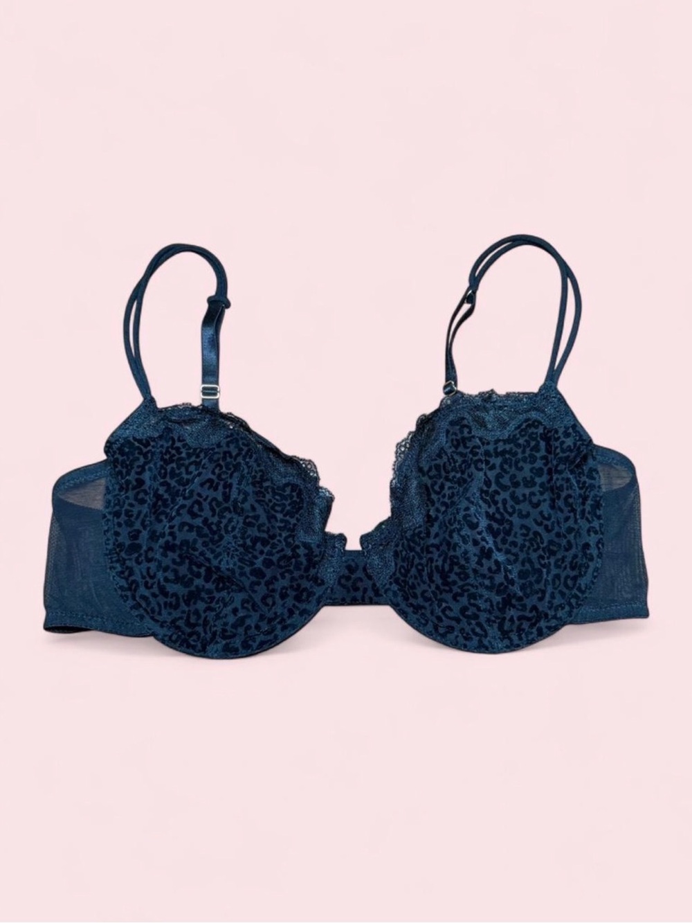 Versace 1969 Black Lace Cheetah Print Underwire Bra 38C Sheer Mesh Lingerie